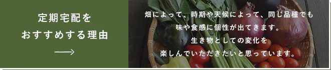 定期宅配をオススメする理由 畑によって、時期や天候によって、同じ品種でも味や食感に個性が出てきます。生き物としての変化を楽しんでいただきたいと思っています。